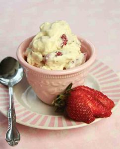 Dish of strawberry frozen yogurt